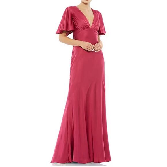 Ieena for Mac Duggal V-Neck Short Flounce Sleeve A-Line Maxi Gown Dress Sz 12